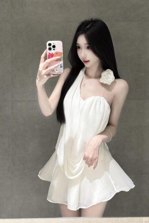 French-Style Floral Halter Top and Skirt Set for Women - Summer Vacation White Dress
