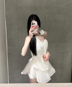 French-Style Floral Halter Top and Skirt Set for Women - Summer Vacation White Dress