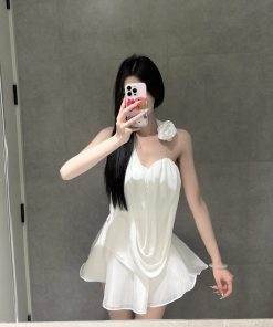 French-Style Floral Halter Top and Skirt Set for Women - Summer Vacation White Dress