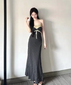 French-Style Floral Polka Dot Spaghetti Strap Dress for Women, Bow Tie Detail, Waist-Cinching, Elegant Summer Fashion