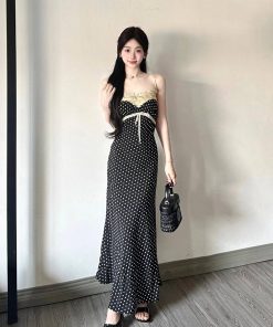 French-Style Floral Polka Dot Spaghetti Strap Dress for Women, Bow Tie Detail, Waist-Cinching, Elegant Summer Fashion