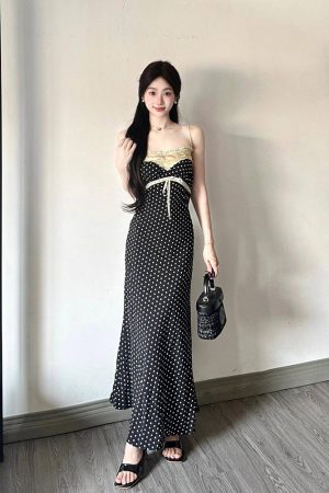French-Style Floral Polka Dot Spaghetti Strap Dress for Women, Bow Tie Detail, Waist-Cinching, Elegant Summer Fashion
