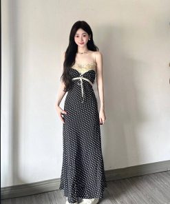 French-Style Floral Polka Dot Spaghetti Strap Dress for Women, Bow Tie Detail, Waist-Cinching, Elegant Summer Fashion