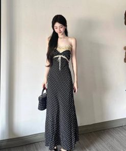 French-Style Floral Polka Dot Spaghetti Strap Dress for Women, Bow Tie Detail, Waist-Cinching, Elegant Summer Fashion