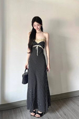 French-Style Floral Polka Dot Spaghetti Strap Dress for Women, Bow Tie Detail, Waist-Cinching, Elegant Summer Fashion