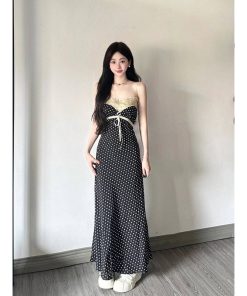 French-Style Floral Polka Dot Spaghetti Strap Dress for Women, Bow Tie Detail, Waist-Cinching, Elegant Summer Fashion