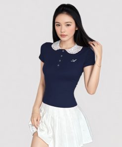 French-Style Girlie Lace Spliced Polo Collar Short Sleeve T-Shirt Top with Button-Down Doll Collar - Y2K Inspired Fashion