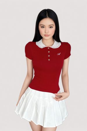 French-Style Girlie Lace Spliced Polo Collar Short Sleeve T-Shirt Top with Button-Down Doll Collar - Y2K Inspired Fashion