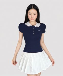 French-Style Girlie Lace Spliced Polo Collar Short Sleeve T-Shirt Top with Button-Down Doll Collar - Y2K Inspired Fashion