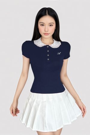 French-Style Girlie Lace Spliced Polo Collar Short Sleeve T-Shirt Top with Button-Down Doll Collar - Y2K Inspired Fashion