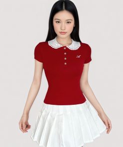 French-Style Girlie Lace Spliced Polo Collar Short Sleeve T-Shirt Top with Button-Down Doll Collar - Y2K Inspired Fashion