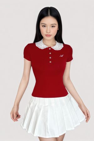 French-Style Girlie Lace Spliced Polo Collar Short Sleeve T-Shirt Top with Button-Down Doll Collar - Y2K Inspired Fashion