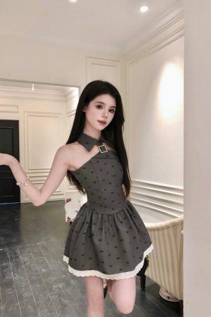 French-Style Gray Halter Neck Bow Sleeveless Dress for Women - Waist-Cinching Spliced Short Skirt, Chic Summer Fashion