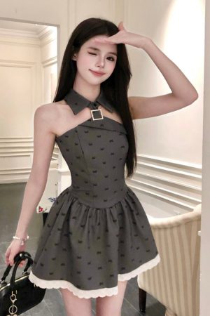 French-Style Gray Halter Neck Bow Sleeveless Dress for Women - Waist-Cinching Spliced Short Skirt, Chic Summer Fashion