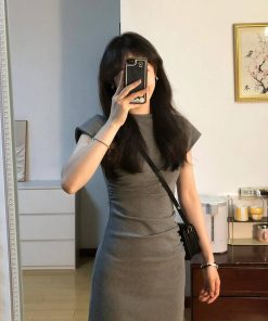 French-Style Gray Pleated Knitted Dress for Women, Slim Fit, Elegant Design, Short Sleeves, Split Skirt, Summer Fashion, Y2K Style