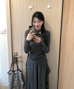 French-Style Gray Two-Piece Dress Set for Women - High-End Knitted Top & Long Skirt - Spring 2025 Fashion