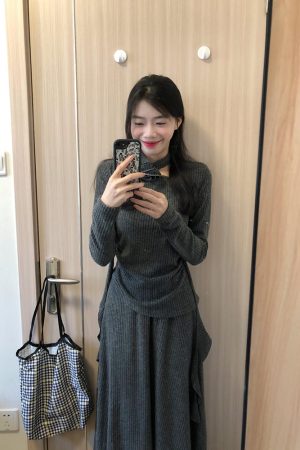 French-Style Gray Two-Piece Dress Set for Women - High-End Knitted Top & Long Skirt - Spring 2025 Fashion