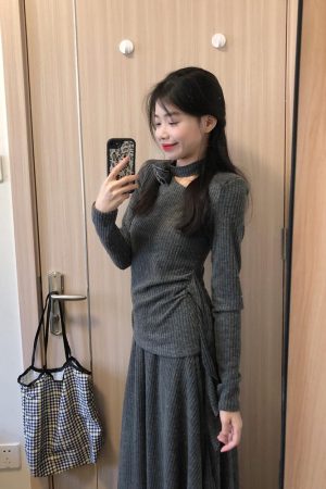 French-Style Gray Two-Piece Dress Set for Women - High-End Knitted Top & Long Skirt - Spring 2025 Fashion