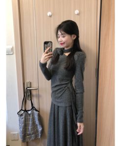 French-Style Gray Two-Piece Dress Set for Women - High-End Knitted Top & Long Skirt - Spring 2025 Fashion