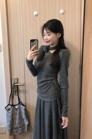 French-Style Gray Two-Piece Dress Set for Women - High-End Knitted Top & Long Skirt - Spring 2025 Fashion
