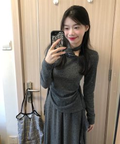 French-Style Gray Two-Piece Dress Set for Women - High-End Knitted Top & Long Skirt - Spring 2025 Fashion