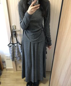 French-Style Gray Two-Piece Dress Set for Women - High-End Knitted Top & Long Skirt - Spring 2025 Fashion
