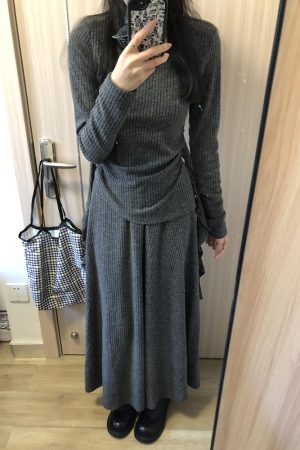 French-Style Gray Two-Piece Dress Set for Women - High-End Knitted Top & Long Skirt - Spring 2025 Fashion