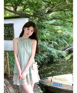 French-Style Green Sleeveless Halter Neck Dress Set - High-Waisted Slim Fit Tencel Short Skirt Pants for Summer Fashion