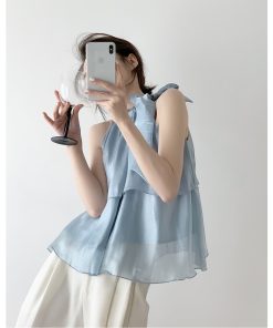 French Style Halter Neck Camisole for Women, Off-Shoulder Sleeveless Top with Bow Tie and Puff Skirt for Layering