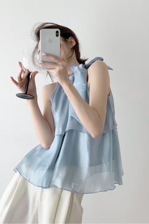 French Style Halter Neck Camisole for Women, Off-Shoulder Sleeveless Top with Bow Tie and Puff Skirt for Layering