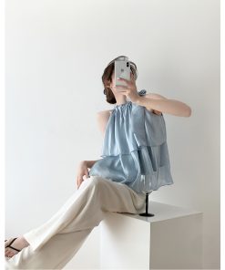 French Style Halter Neck Camisole for Women, Off-Shoulder Sleeveless Top with Bow Tie and Puff Skirt for Layering