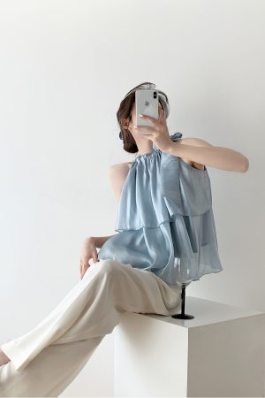 French Style Halter Neck Camisole for Women, Off-Shoulder Sleeveless Top with Bow Tie and Puff Skirt for Layering