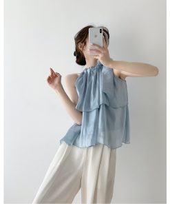 French Style Halter Neck Camisole for Women, Off-Shoulder Sleeveless Top with Bow Tie and Puff Skirt for Layering