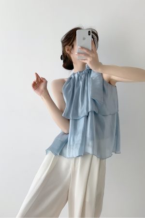 French Style Halter Neck Camisole for Women, Off-Shoulder Sleeveless Top with Bow Tie and Puff Skirt for Layering