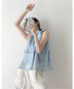 French Style Halter Neck Camisole for Women, Off-Shoulder Sleeveless Top with Bow Tie and Puff Skirt for Layering