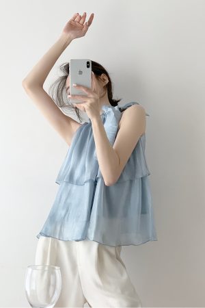 French Style Halter Neck Camisole for Women, Off-Shoulder Sleeveless Top with Bow Tie and Puff Skirt for Layering