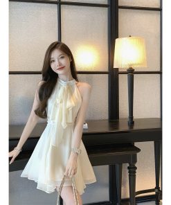 French-Style Halter Neck Rhinestone Chiffon Dress, Sleeveless Irregular Short Skirt, Fairy Waist-Defining for Summer Elegance
