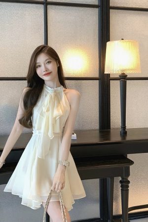 French-Style Halter Neck Rhinestone Chiffon Dress, Sleeveless Irregular Short Skirt, Fairy Waist-Defining for Summer Elegance