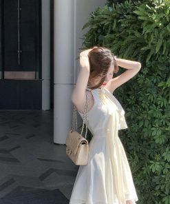 French-Style Halter Neck Rhinestone Chiffon Dress, Sleeveless Irregular Short Skirt, Fairy Waist-Defining for Summer Elegance