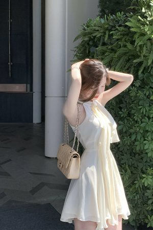 French-Style Halter Neck Rhinestone Chiffon Dress, Sleeveless Irregular Short Skirt, Fairy Waist-Defining for Summer Elegance