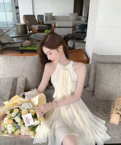 French-Style Halter Neck Rhinestone Chiffon Dress, Sleeveless Irregular Short Skirt, Fairy Waist-Defining for Summer Elegance