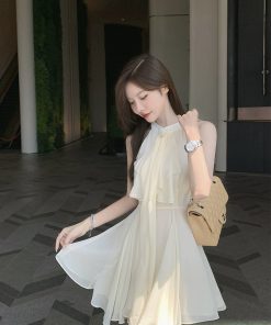 French-Style Halter Neck Rhinestone Chiffon Dress, Sleeveless Irregular Short Skirt, Fairy Waist-Defining for Summer Elegance
