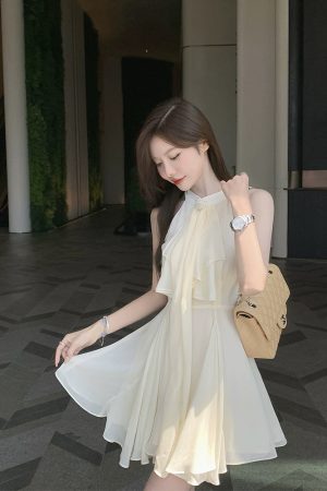 French-Style Halter Neck Rhinestone Chiffon Dress, Sleeveless Irregular Short Skirt, Fairy Waist-Defining for Summer Elegance