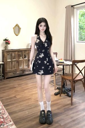 French-style Halter V-Neck Butterfly Dress for Women, Fitted Waist, Sleeveless, Short Skirt - New Summer 2025 Fashion