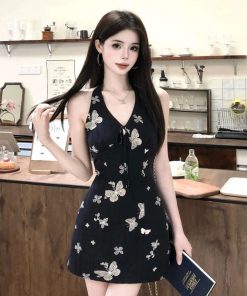 French-style Halter V-Neck Butterfly Dress for Women, Fitted Waist, Sleeveless, Short Skirt - New Summer 2025 Fashion
