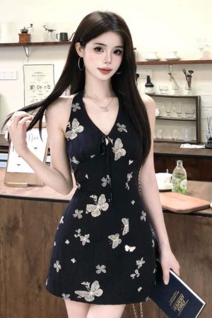 French-style Halter V-Neck Butterfly Dress for Women, Fitted Waist, Sleeveless, Short Skirt - New Summer 2025 Fashion