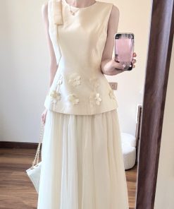 French-Style High-End Sleeveless White Dress for Women with Mesh Splicing and Fairy Long Skirt â€“ Perfect for Summer Events