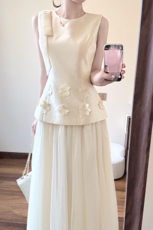 French-Style High-End Sleeveless White Dress for Women with Mesh Splicing and Fairy Long Skirt â€“ Perfect for Summer Events