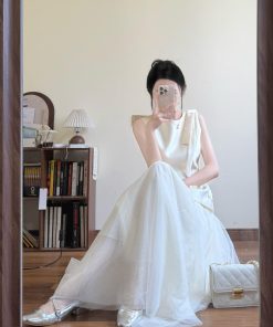 French-Style High-End Sleeveless White Dress for Women with Mesh Splicing and Fairy Long Skirt â€“ Perfect for Summer Events