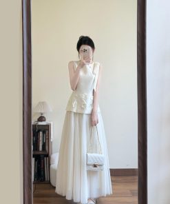 French-Style High-End Sleeveless White Dress for Women with Mesh Splicing and Fairy Long Skirt â€“ Perfect for Summer Events